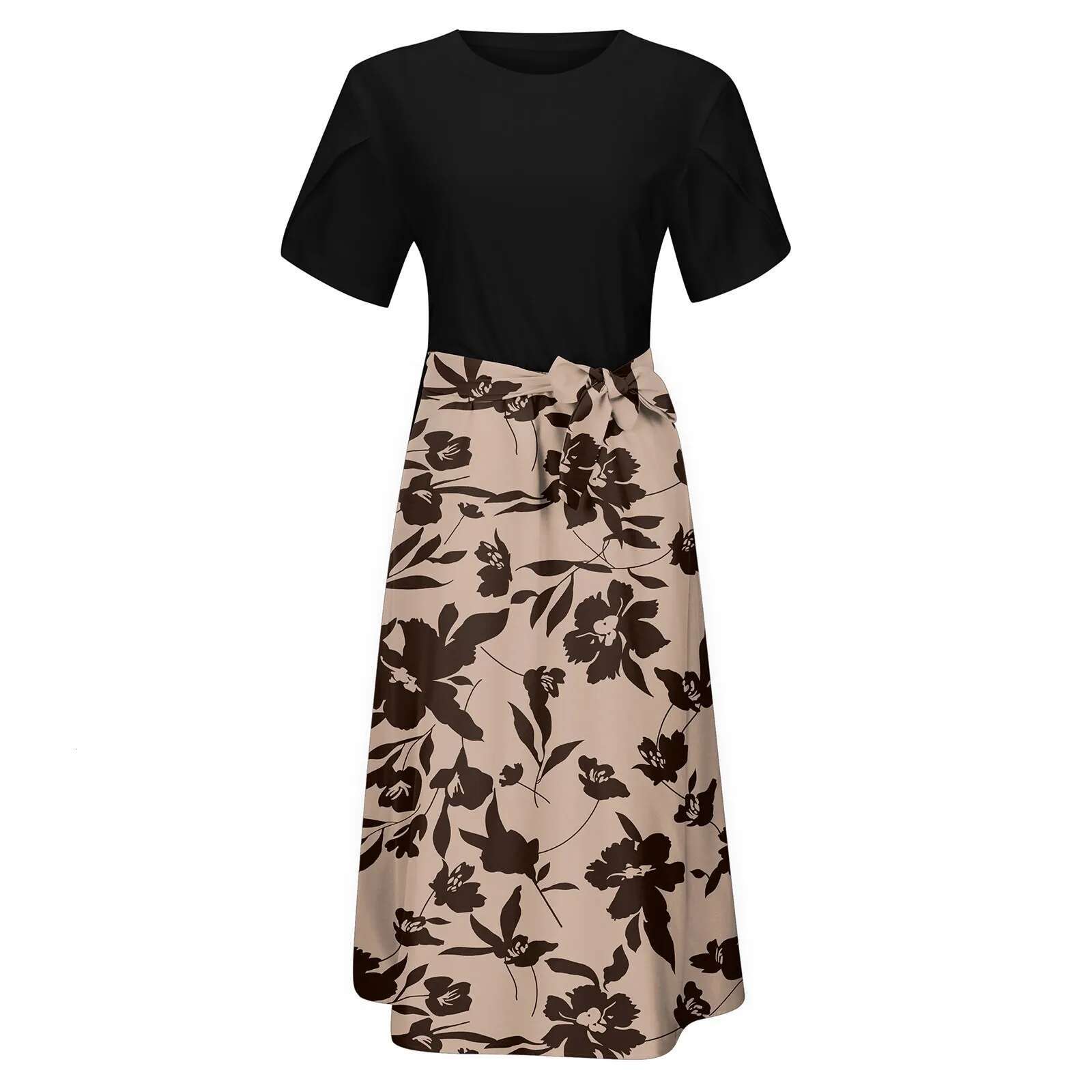 Dongdumaoyi Dresses Elegant Office Lady Outfits A Line Lace Up Slim Fit Waist Ruffle Hem Skirt Color Matching Print Dress Summer