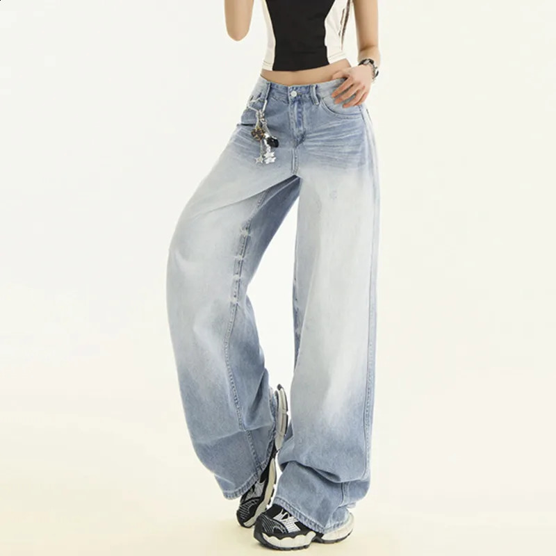 Womens loose retro long jeans mid waist torn wide leg straight 250417