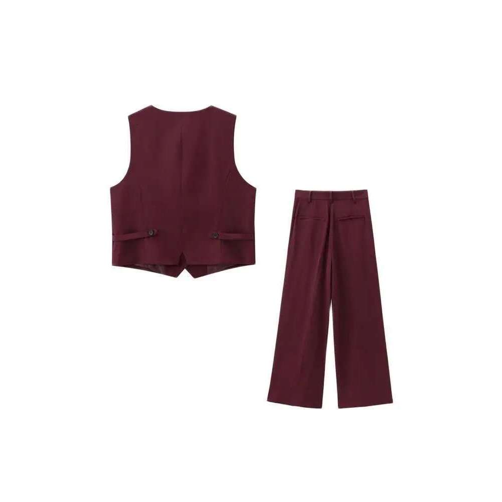 Trza-Women's Front Button Fitted Waistcoat And High Waist Pleated Wide Leg Pants, Female Two Piece Sets, Fashion