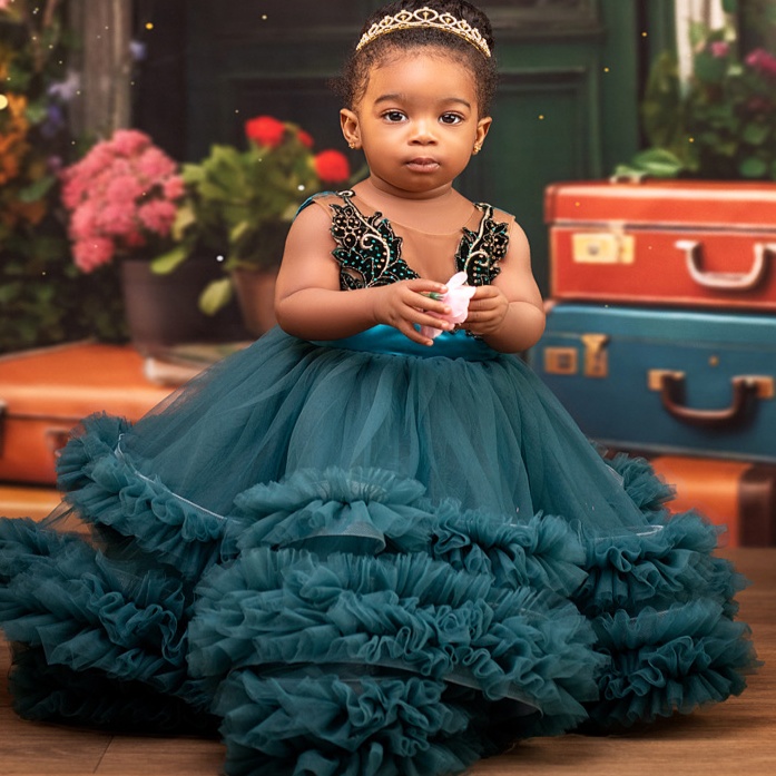 2026 Hunter Green Ball Gown Flower Girl Dresses Sheer Neck Applique Tulle Little Girl Christmas Peageant Birthday Christening Tutu Dress Gowns ZJ427
