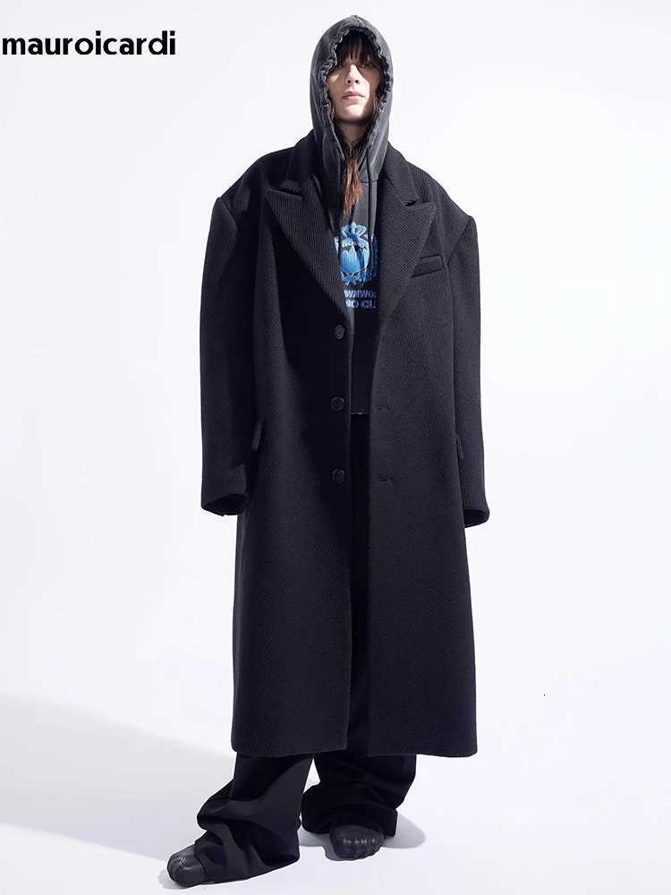 Mauroicardi Autumn Winter Cool Oversized Long Warm Black Woolen Coat Men Luxury Designer Clothes Wool Blends Overcoat 2024T251125