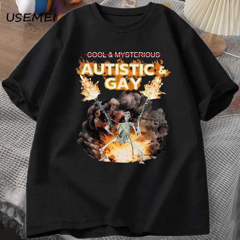 Autism and homosexuality skeleton explosion T-shirt boneless autism meme T-shirt cotton short sleeved graphic T-shirt W250425
