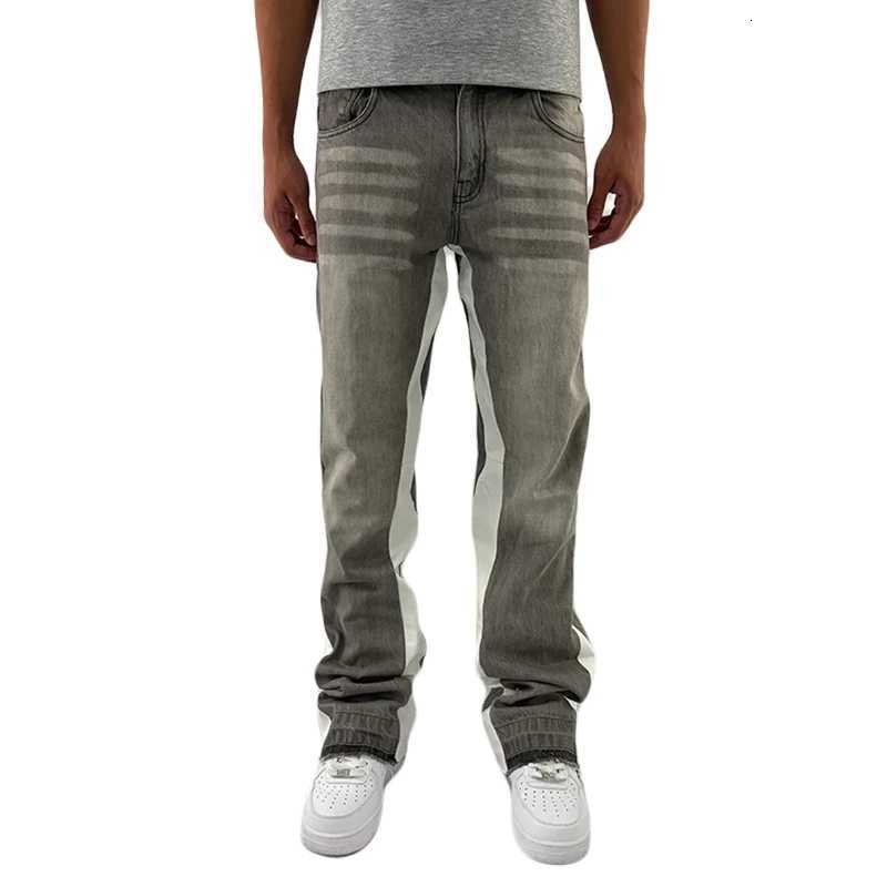 Fashion Y2K Retro Flared Denim Pants Spliced Grey White Patch Wash Distressed Jeans Men Harajuku Hip Hop Streetwear Unisex Baggy Pants Y251124