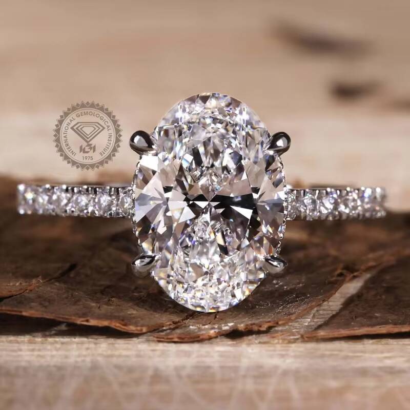 Gia Igi Certified CVD HPHT Lab Grown Diamond 14K/18K Solid Gold Engagement Ring with Oval Pave Band Design for Women