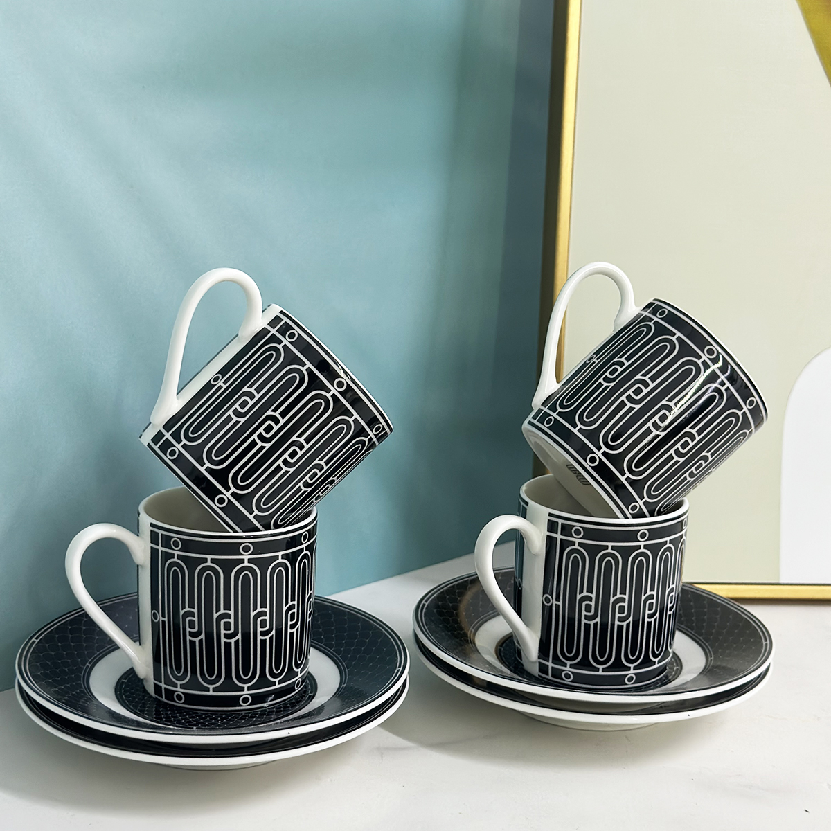 6-Cup Espresso Set Premium Bone China - European Style Porcelain Demitasse With Gold Trim 111