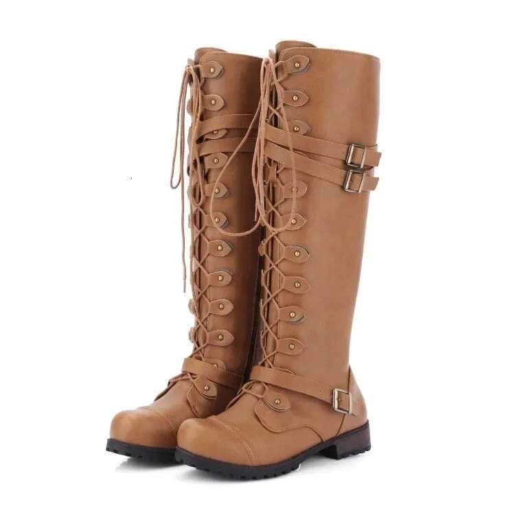 Knee High Women Autumn Woman Winter Lace Up Vintage Flat Shoes Sexy Steampunk Leather Retro Buckle Ladies Snow Boots