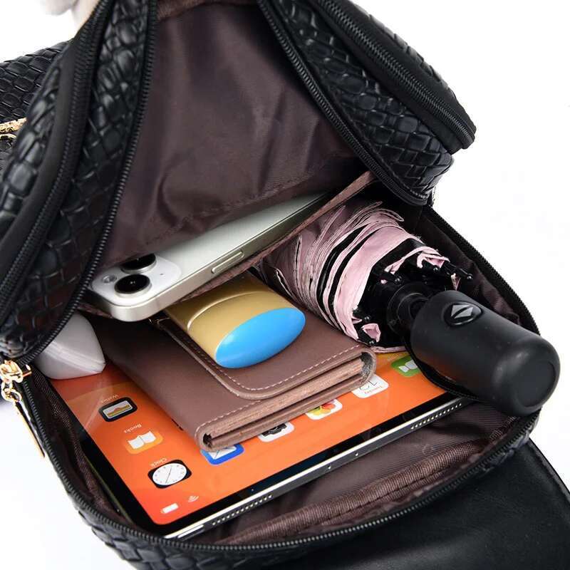 Unisex Stylish Backpack Lightweight PU Solid Color Weaving Design Multi Pocket With Adjustable Straps For Work Travel Bag
