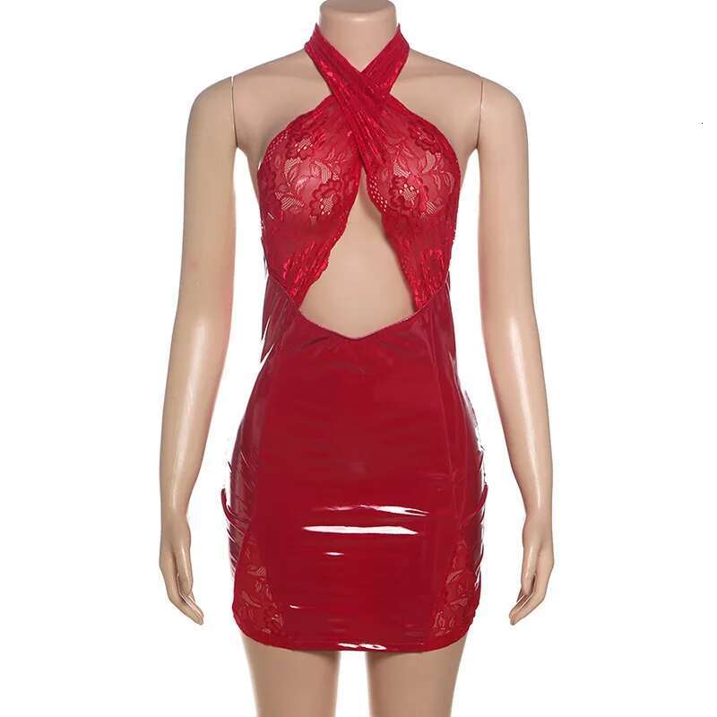 Dongdumaoyi Townlike PU Leather Lace Patchwork Slim Bodycon Dress Women Halter Mini Summer Backless Nightclub Sexy Party Dresses