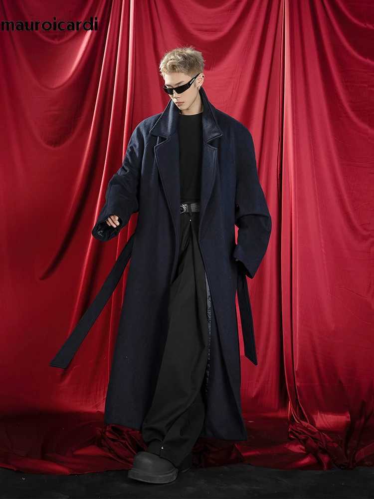 Mauroicardi Autumn Winter Oversized Extra Long Warm Navy Blue Wool Blends Coat Men Loose Luxury Designer Woolen Overcoat 2024T251125