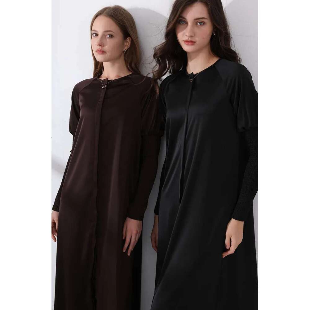 AS 2024 Woman Clothing Satin Button Down Design Smocking Sleeve Maxi Dress ( Ship Out In 1 Day)