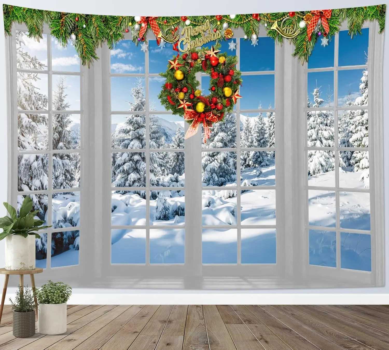 Winter Christmas Tapestry Pine Forest Snow Scene outside the Window and Christmas Wreath Holiday Decor Wall Tapestry for BedroomM251125