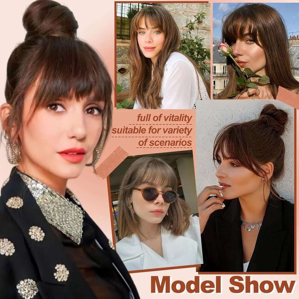 Clip In Ash Brown 100% Human Hair Bangs 3 Non-Slip Clips 360°Cover Top Hairpieces With 5 Inch Wispy Fringes For Women