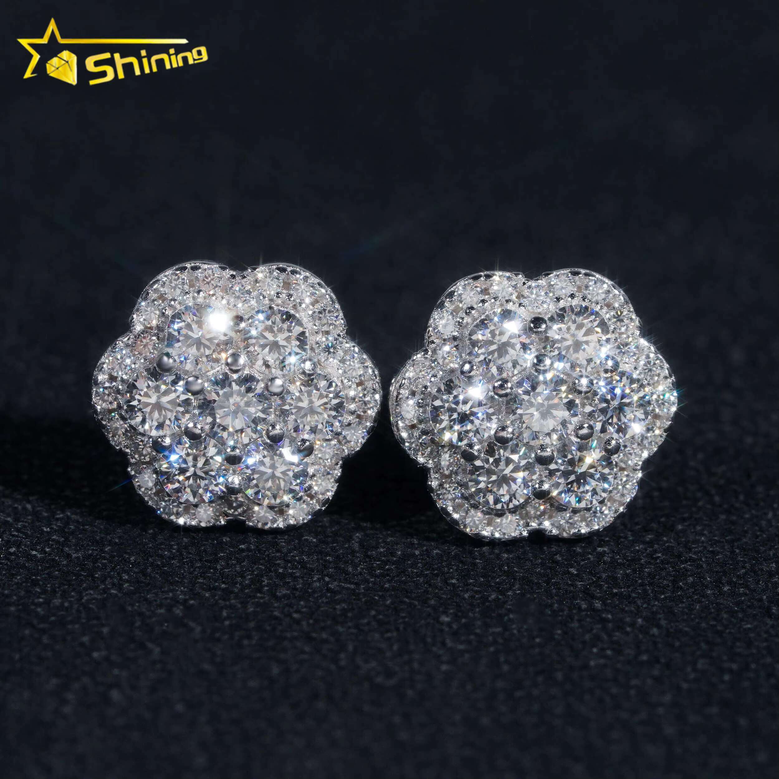 18K Gold Plated Flower Earrings Hip Hop Jewelry 925 Sterling Silver Cluster Moissanite Ear Studs Screw Back Pass Diamond Tester