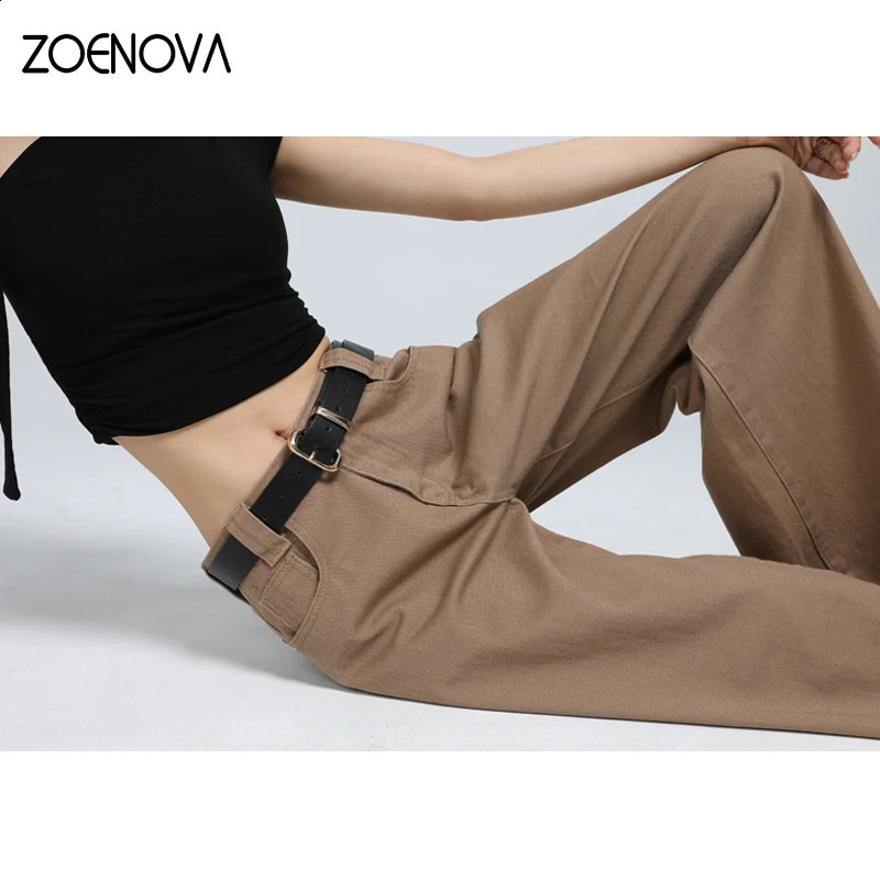Zoenova Retro American Brown Pocket Jeans Spring Loose Straight Wide Leg Pants Casual Edition Y2K Freight Cowboy Trousers 250417