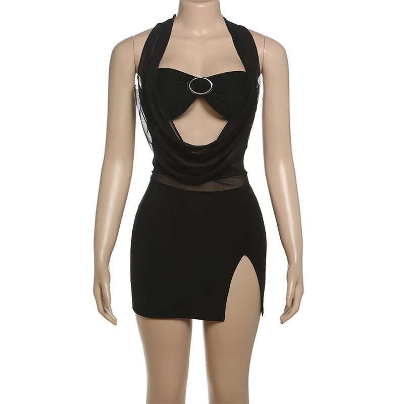 Dongdumaoyi Townlike Mesh Patchwork Nightclub Sexy Party Dress Women Halter Spring Summer Hollow Out Slim Bodycon Dresses
