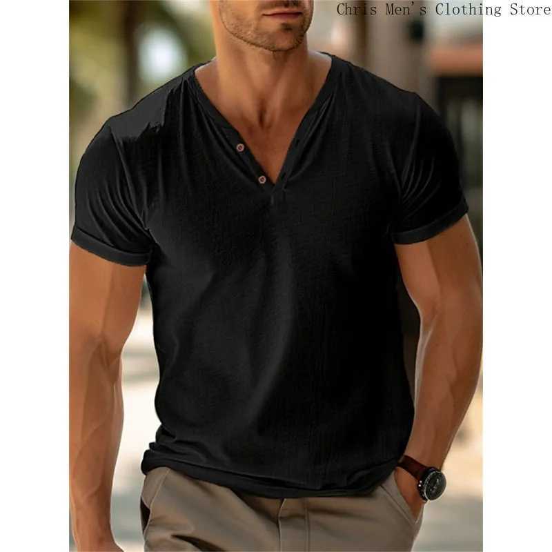 Beach holiday casual mens Pullover T-shirt top summer fashion simple solid color mens V-neck T-shirt soft fitness sports top W250425