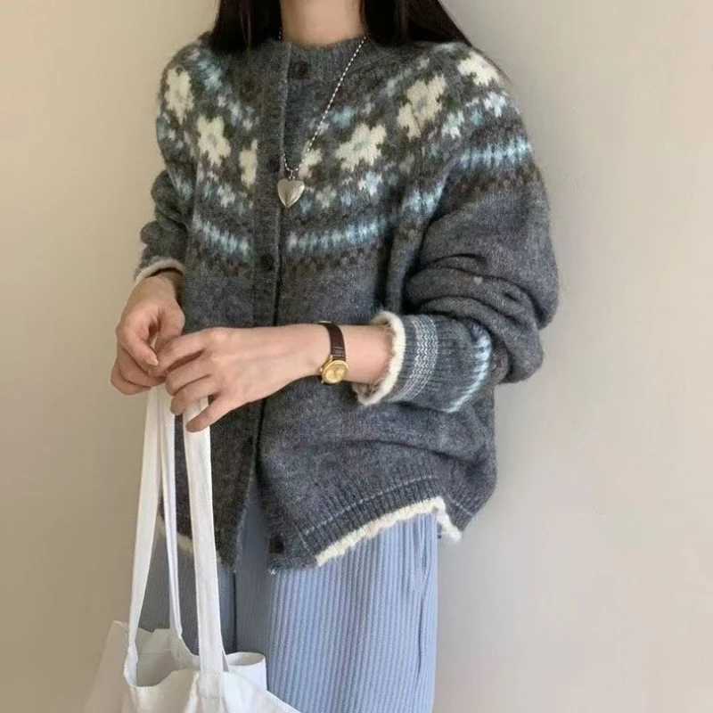 O Neck Jacquard Long Sleeved Cardigan Sweater Coat Retro Casual Womens Knitted Autumn Winter Loose Fashion Casual Sweet ClothesT251125