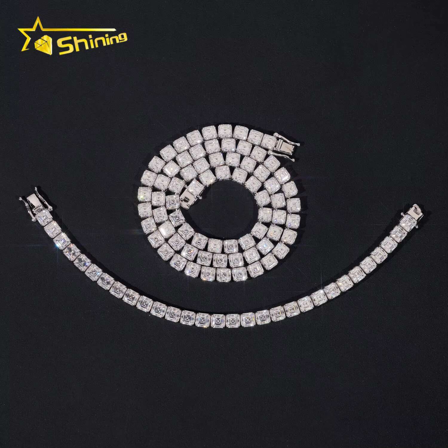 Gra Certified Hip Hop Jewelry 925 Sterling Silver Asscher Cut 5.5mm Necklace Iced Out Moissanite Diamond Tennis Chain Bracelet