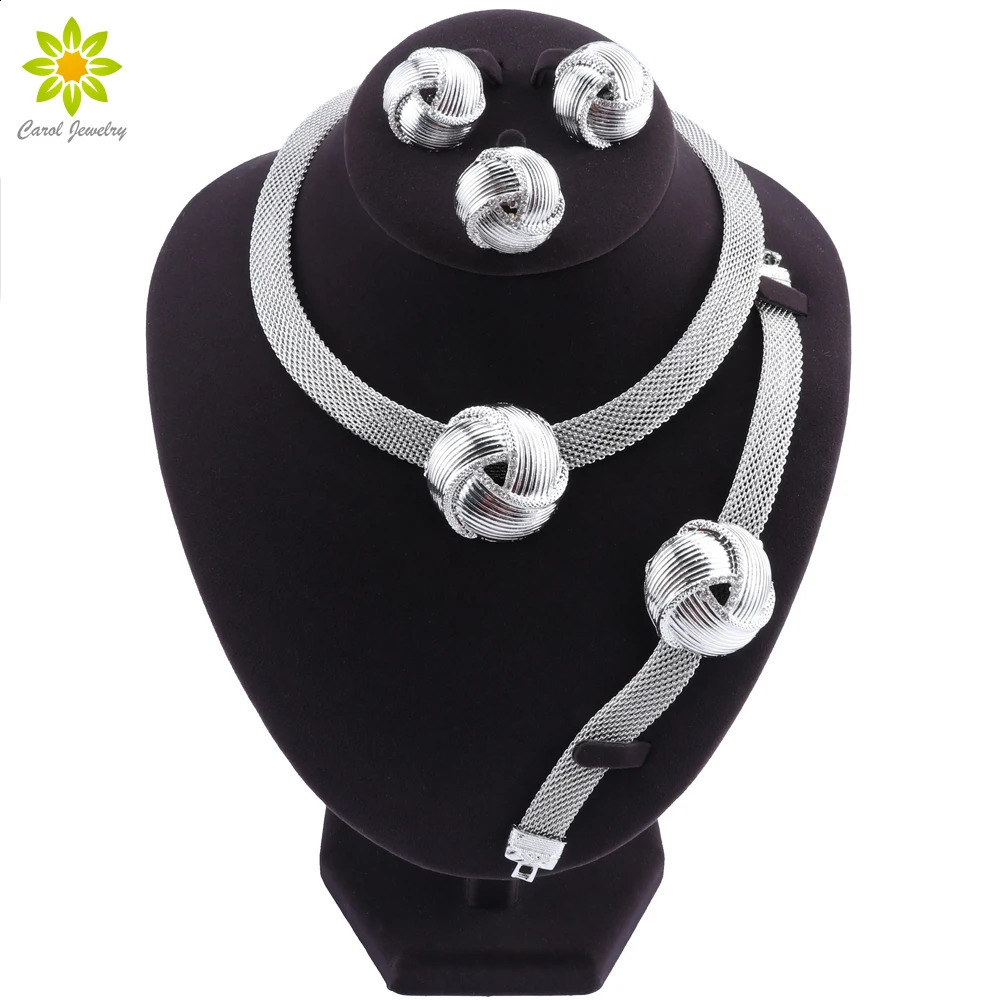 Exquisite Dubai Silver Color Necklace Earrings Set Wedding Accessories Jewelry Set African Women Costume Jewelry Set 250417