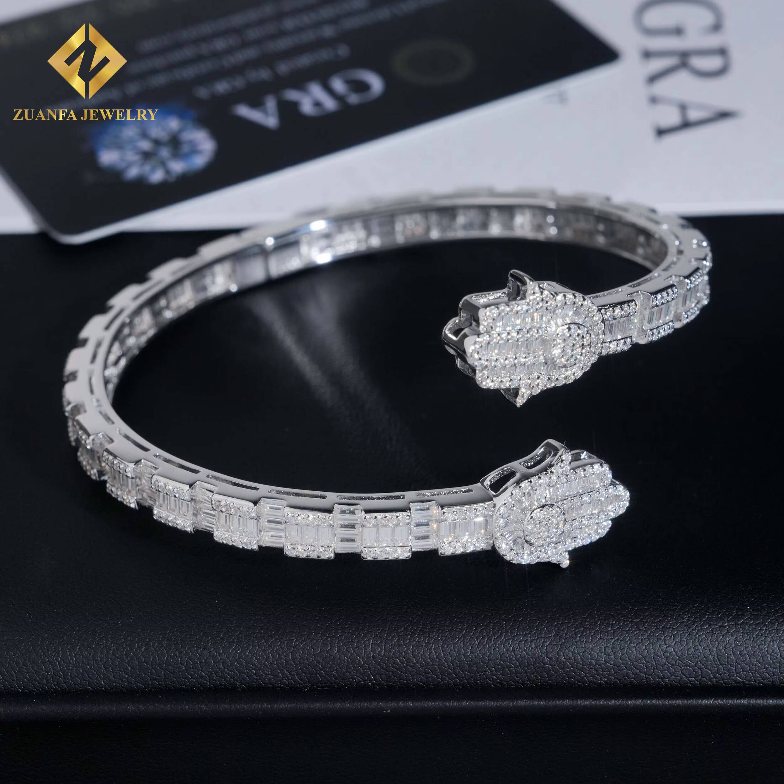 New Arrival 925 Silver Baguette Diamond Hamsa Hand Moissanite Bangle Bracelet Fashion Hip Hop Men VVS Moissanite Bracelets