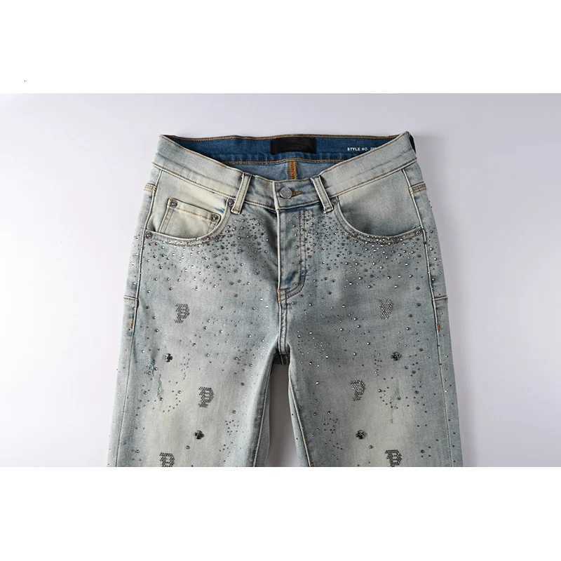 Fashion New Arrivals American High Street Distressed Blue Skinny Rhinestones Letters Button Fly Jeans Pants Y251124