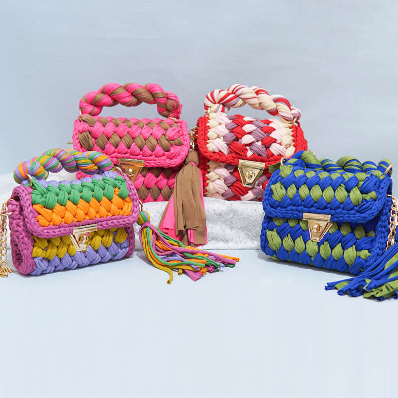 designer Hot Sale Woven Color-Block Handmade DIY Finished Fabric Strip Yarn Crochet Crossbody Bag