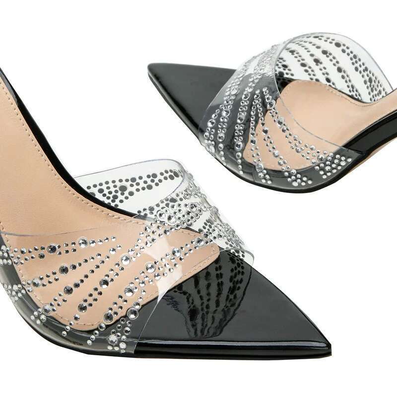 Summer new pointed fish mouth transparent PVC rhinestone fashion slippers thin high-heeled dress large size women's sandals