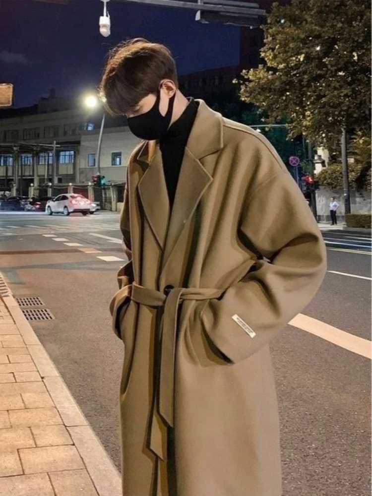 Mens Long Overcoat Thickened Wool Blend Trench Coat Korean UK Style Mid Length To Knee Fashion Ins Trendy Winter JacketT251125