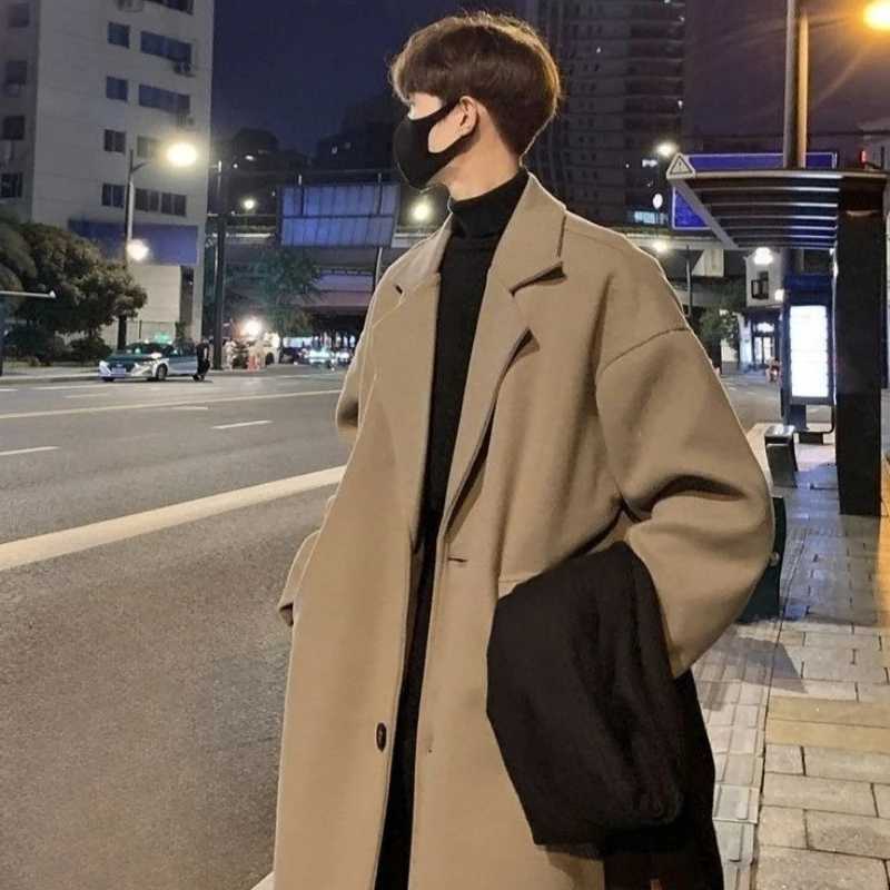 Mens Long Overcoat Thickened Wool Blend Trench Coat Korean UK Style Mid Length To Knee Fashion Ins Trendy Winter JacketT251125