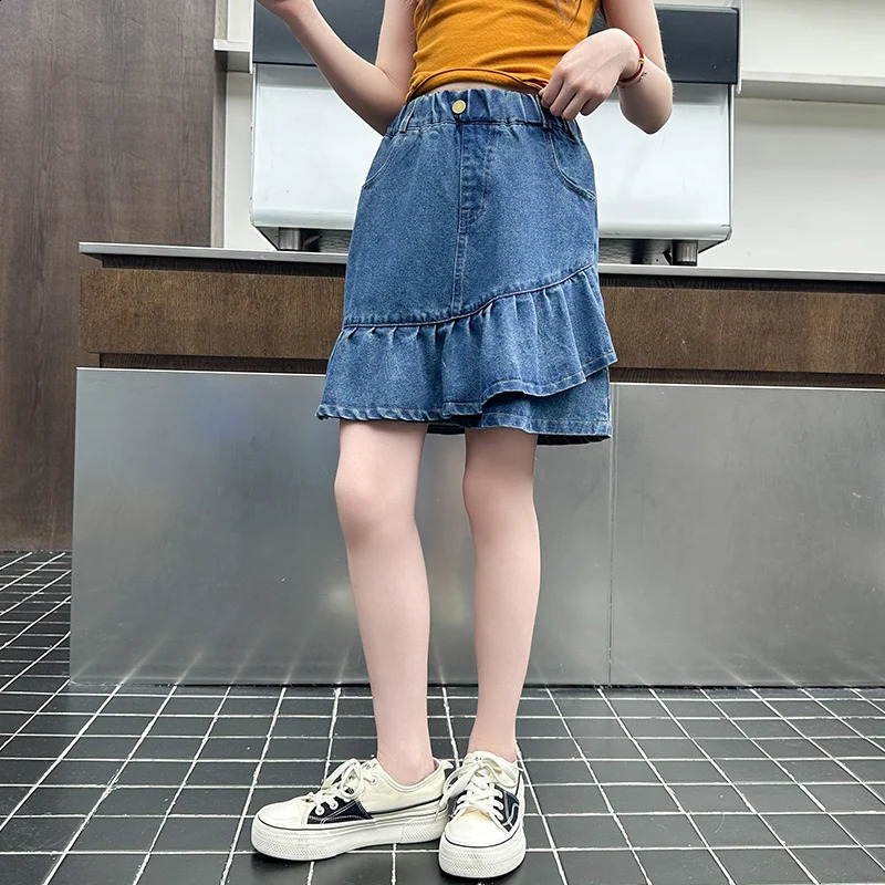 Girls pleated leggings for summer childrens leggings for girls big children summer personality simple denim leggings for 5-14 years old 250424