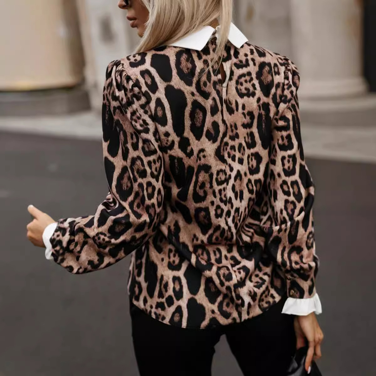 2024 Autumn Fashion Fake Two Leopard Print Long Sleeve Shirts for Women
