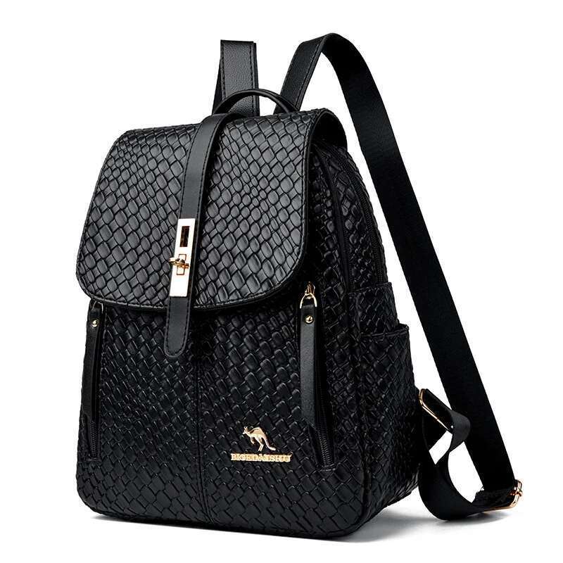 Unisex Stylish Backpack Lightweight PU Solid Color Weaving Design Multi Pocket With Adjustable Straps For Work Travel Bag