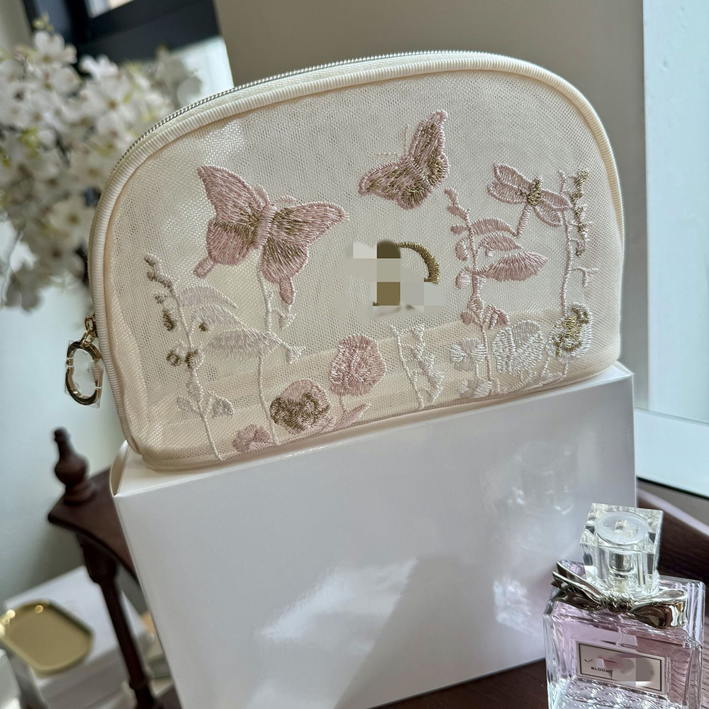 Designer Mesh Embroidery Cosmetic Bag Butterfly Makeup Bag VIP Gift Lipstick Organizer Clutch Holder for Travelling Toiletry with Gift Box