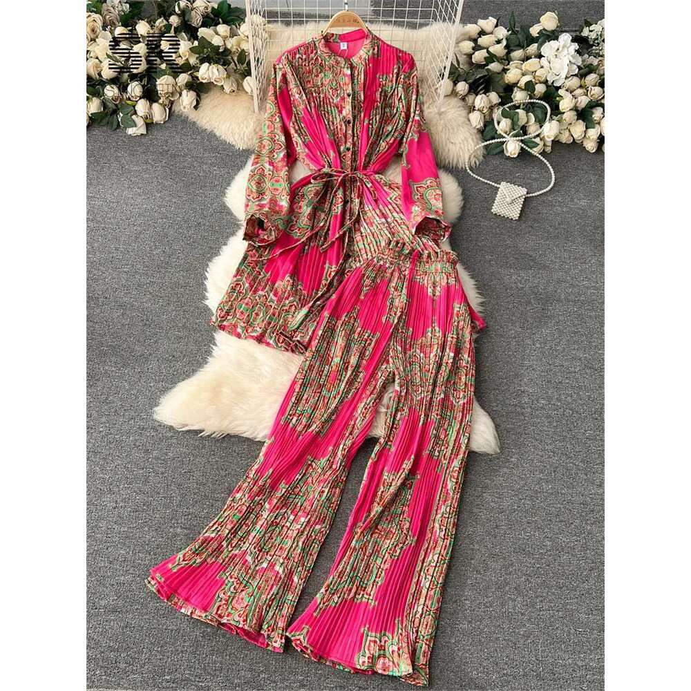 SINGREINY Pleated Two Piece Set Women Winter Sleeve Slim Long Top Elastic Waist Wide Leg Pants Fashion Streetwear Suit