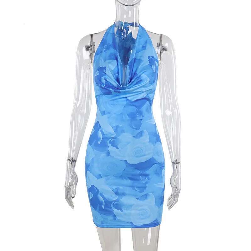 Dongdumaoyi Townlike Print Slim Bodycon Pleated Dress Women Halter Mini Spring Summer Backless Nightclub Sexy Party Dresses