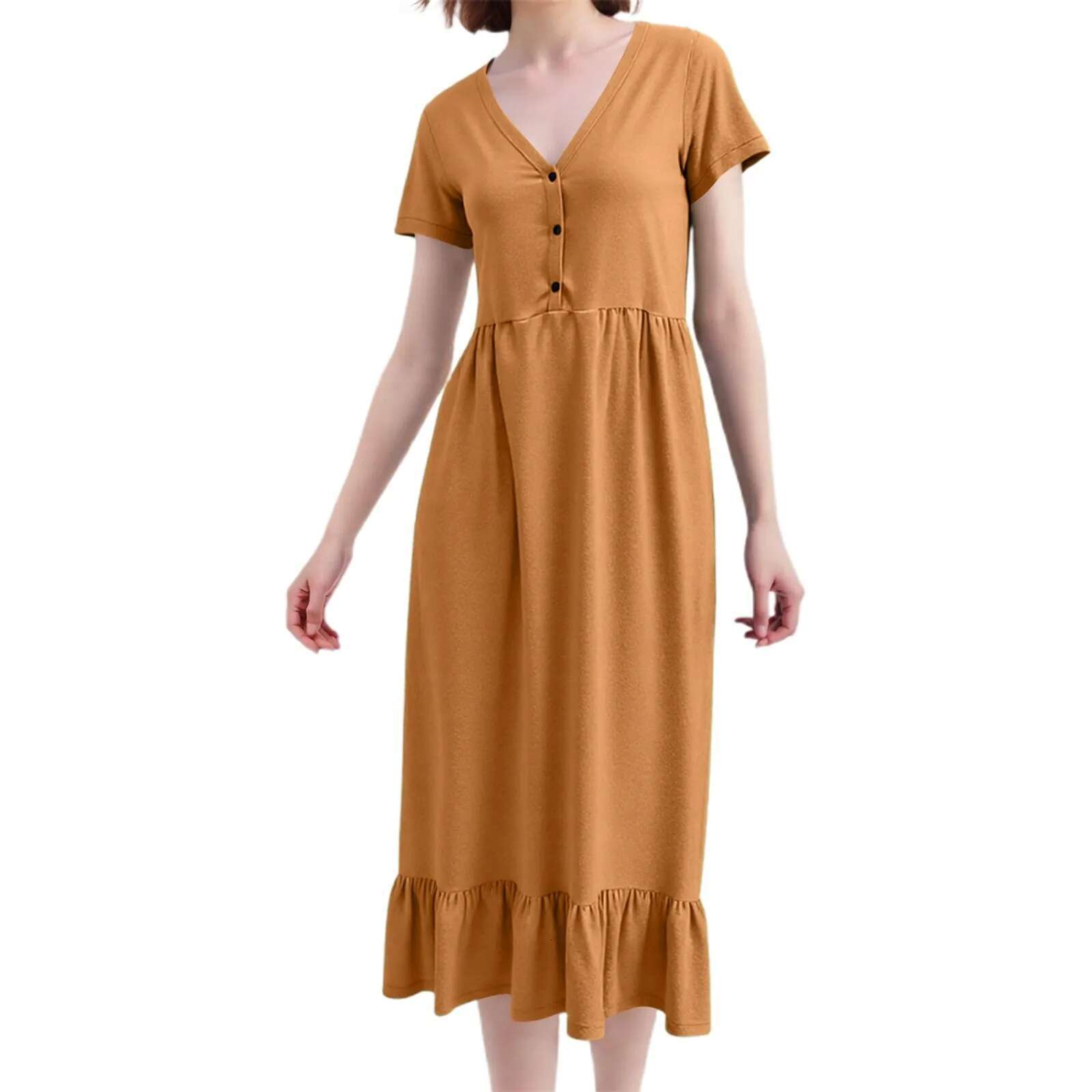 Dongdumaoyi Summer Dresses Solid Short Sleeve Midi For Women Cotton Linen Patchwork Pleated Button Ruffles Casual Holiday Dress