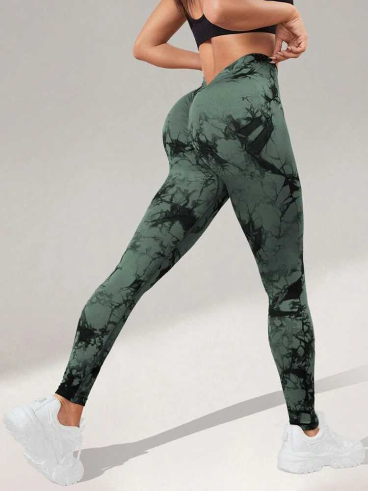 V-shaped waist tie dye yoga leggings high waisted hip lifting fitness pants training sports leggings womensC250425