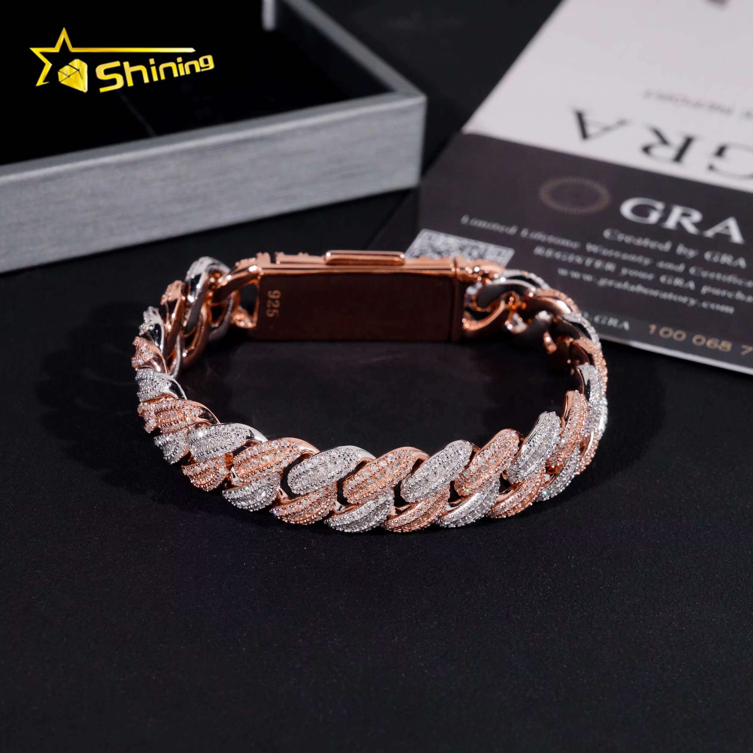 Hip Hop High Quality Iced Out Moon Shape 925 Silver Two Tone 13mm Moissanite Cuban Link Bracelet