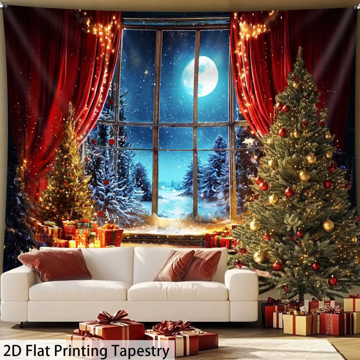 Winter Snow Window Tapestry Red Gold Christmas Tree with Twinkling LightsFestive Wall Art for Bay Window and Living Room DecorM251125