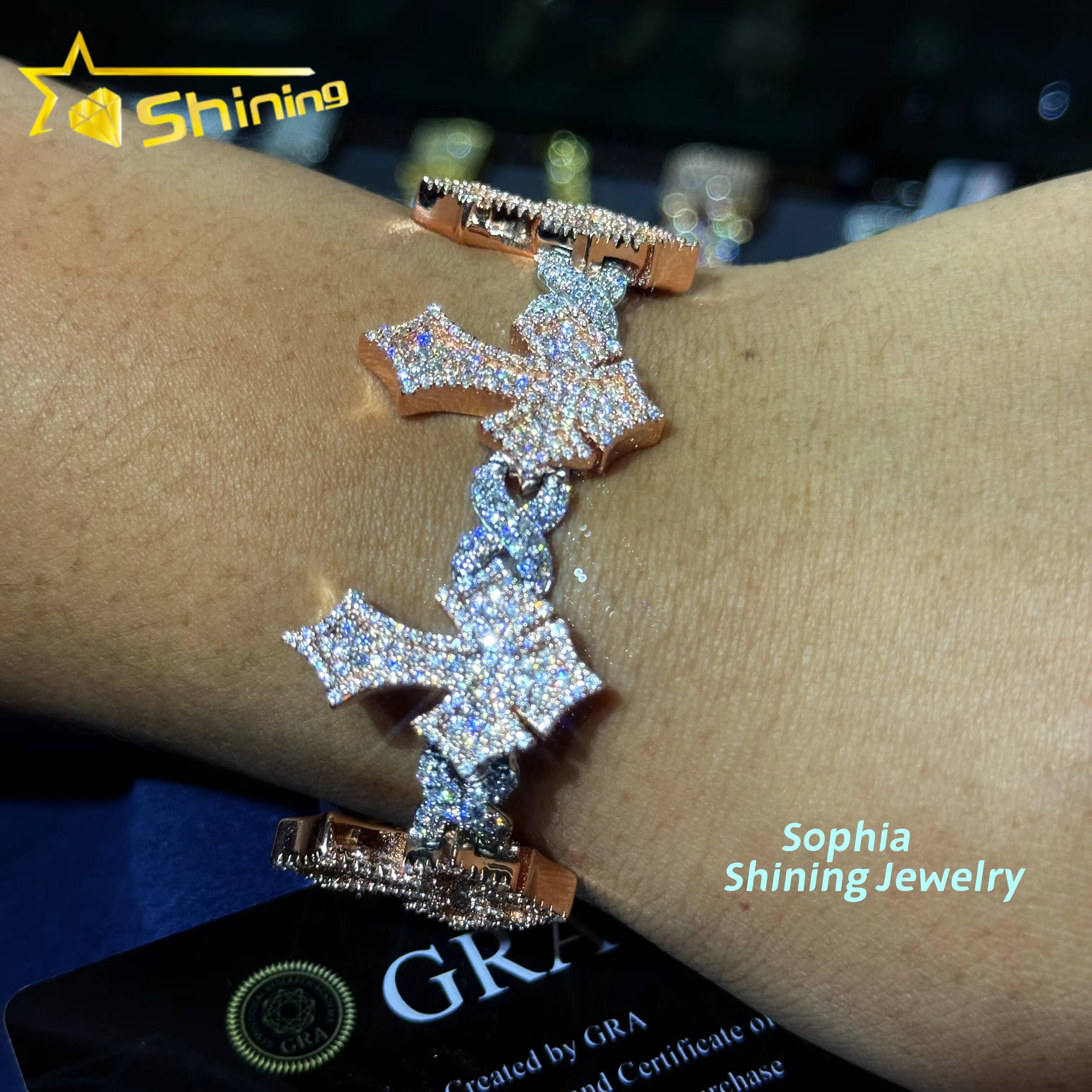 New Fashion Jewelry Silver 925 Hip Hop Iced Out Men Bracelet VVS Moissanite Lab Diamond Jewelry Cross Cuban Link Chain Bracelet