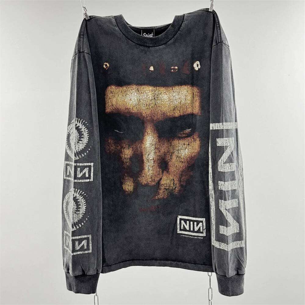 Washed Saint NIN Nine-Inch Nail Long Sleeves T-Shirt Men Women High Quality Heavy Fabric Unisex Tops Tee T Shirt