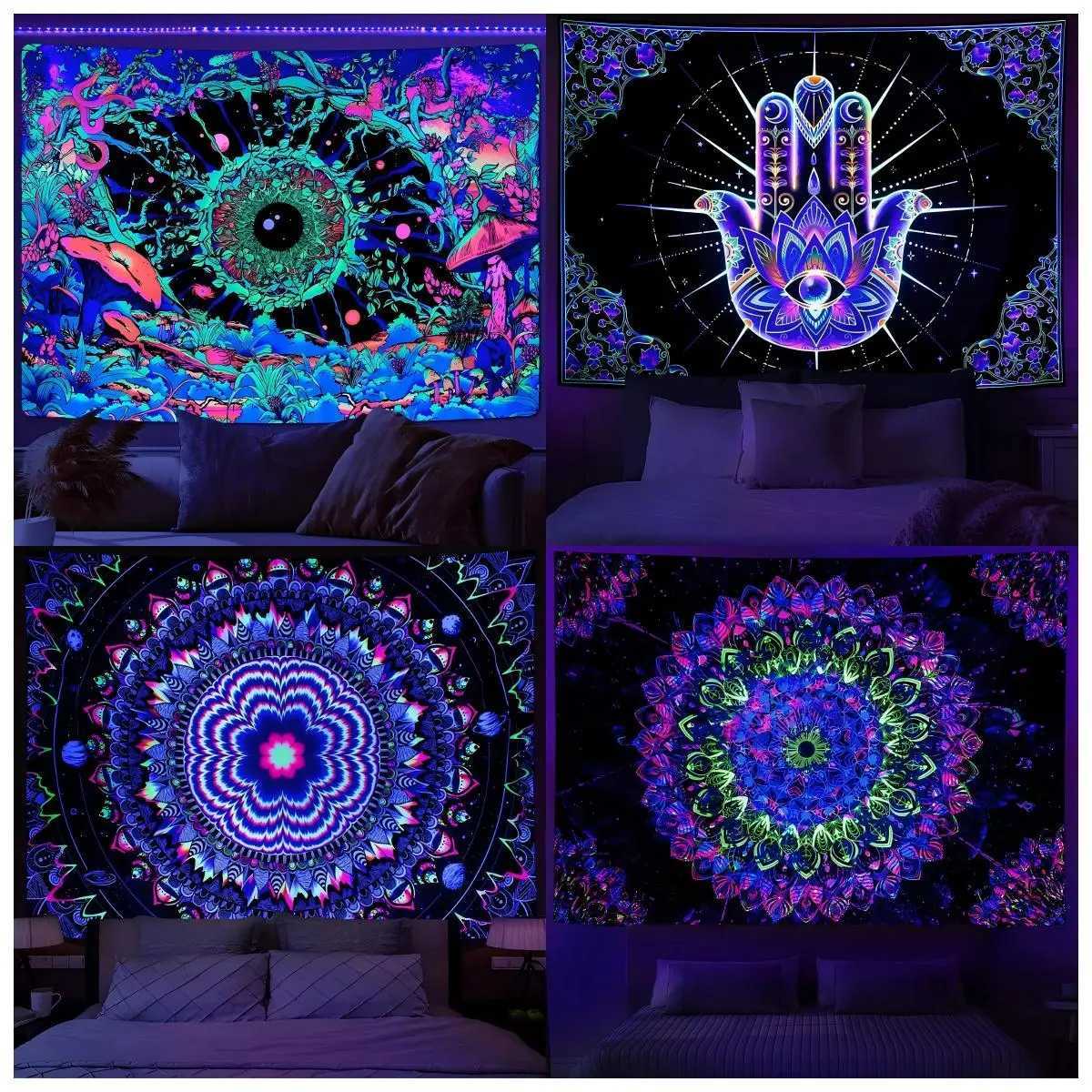 VIKAMA Neon Illusion Hamsa Hand Tapestry Cosmic Nebula All Seeing Eye Meditation Room Bohemian Bedroom Home Decor TapestryM251125