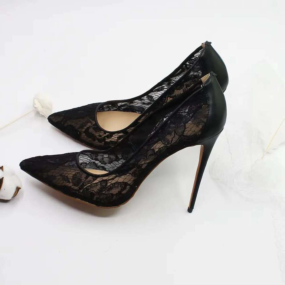 Spring and summer new pointed shallow lace mesh breathable red sole shoes thin high-heeled banquet dress large size women's shoe