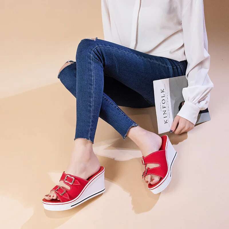 Summer new muffin thick-sole heightened wedge canvas slippers casual large-size waterproof platform high-heeled women's sandals