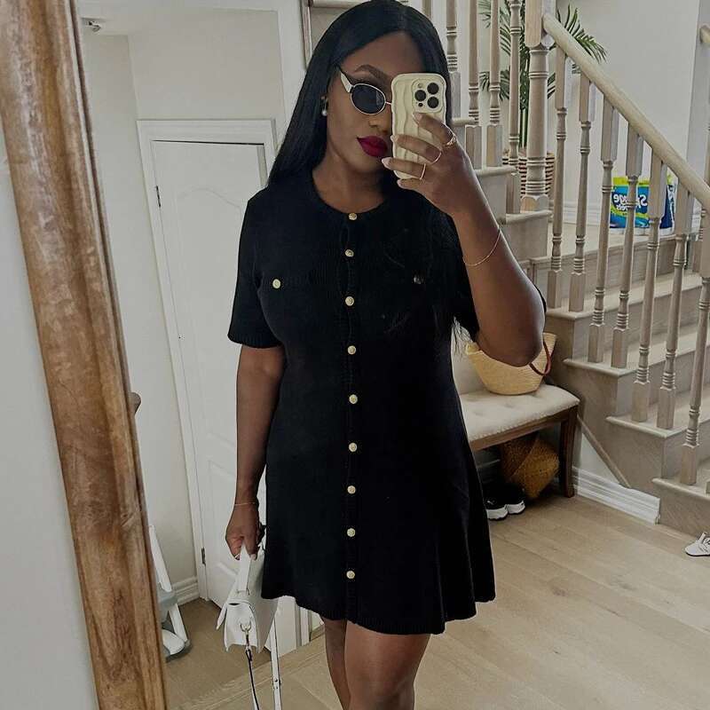 Elegant White Knitted Women Sexy Slim Fit Ribbed Knit Metal Button Short Sleeve Holiday Party Mini Dress