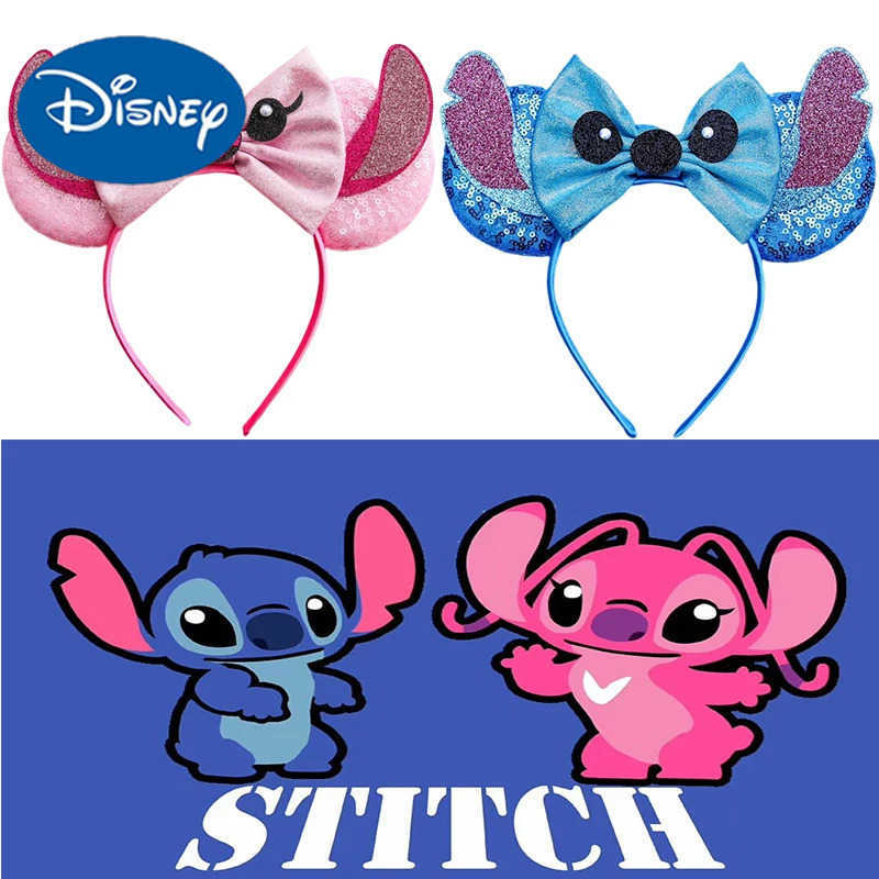 Disney Lilo Stitch Ears Hair Bands Girls Pink Angel Headbands Children Bow Blue Stitching Hair Accessories Womens Glitter Disney Headbands X250425