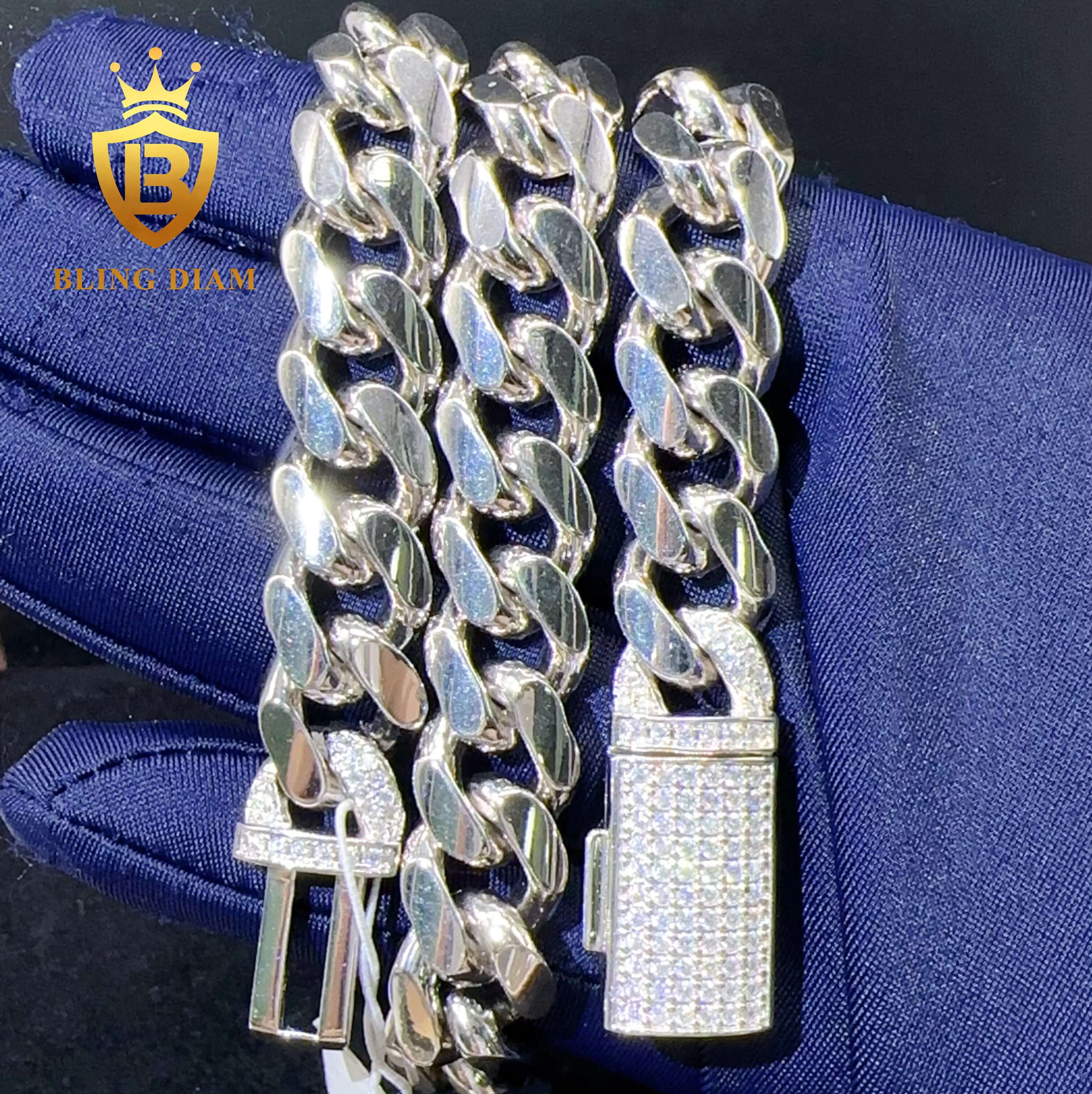 Pass Diamond Tester 12mm 13mm Solid Silver Hip Hop Jewelry Iced Out Moissanite Clasp Cuban Link Chain for Women Men