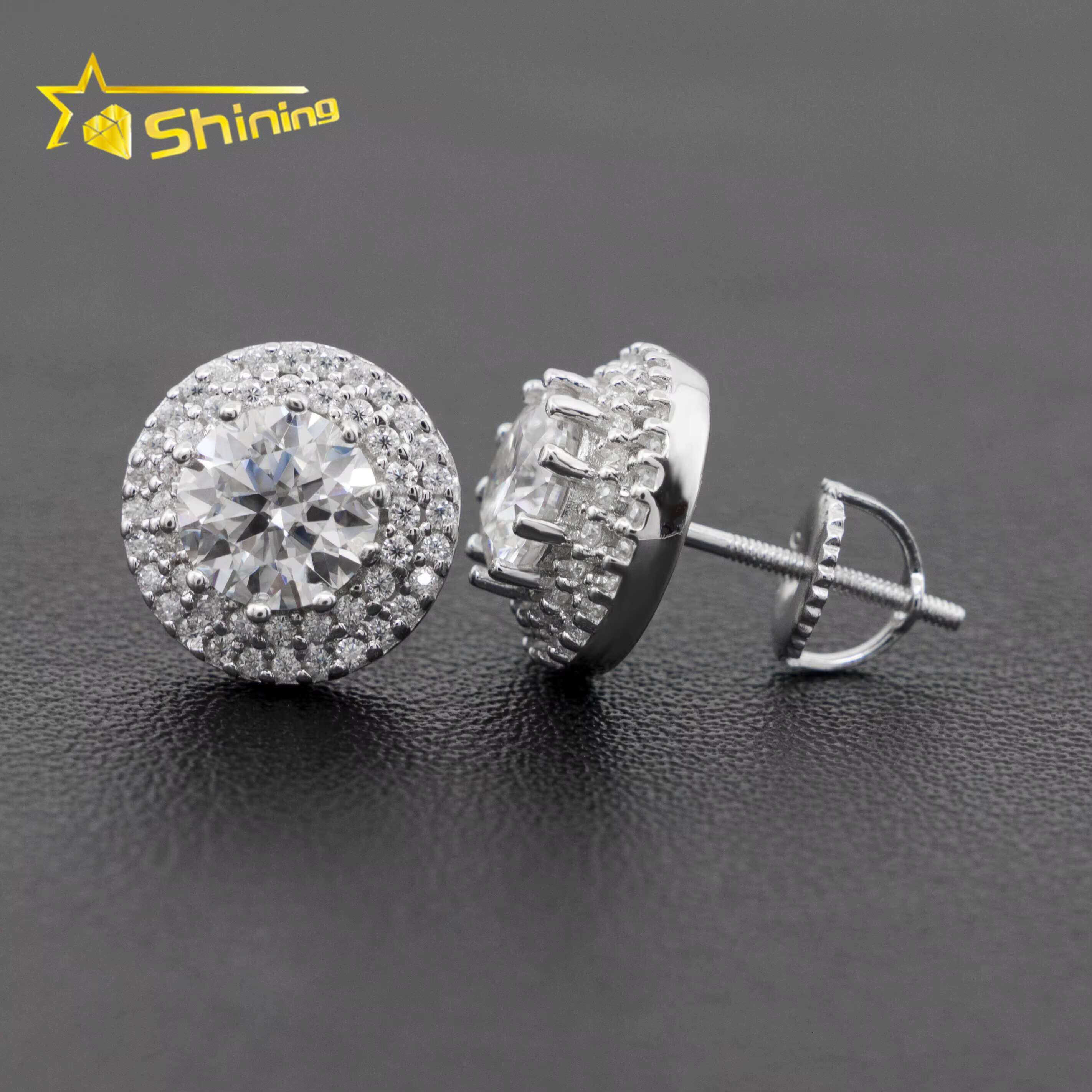 New Arrivals Bulk Stock Iced Out Man Stud Earrings Baguette Moissanite Diamond Screw Back Setting Hip Hop Stud Earring 925