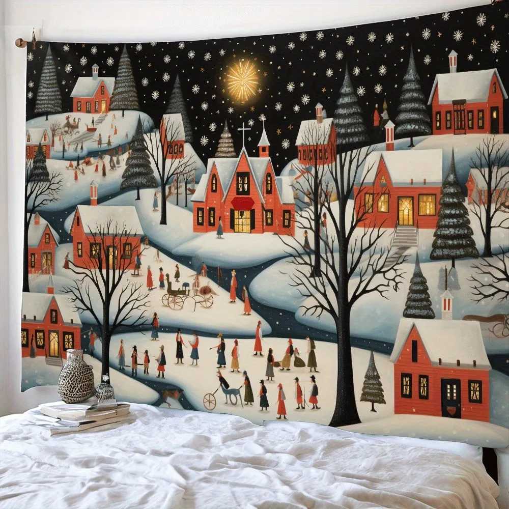1pc Christmas Town Print 90g Festival Tapestry Multi Size Living Room Bedroom Wall Decoration Background Cloth Machine WashableM251125