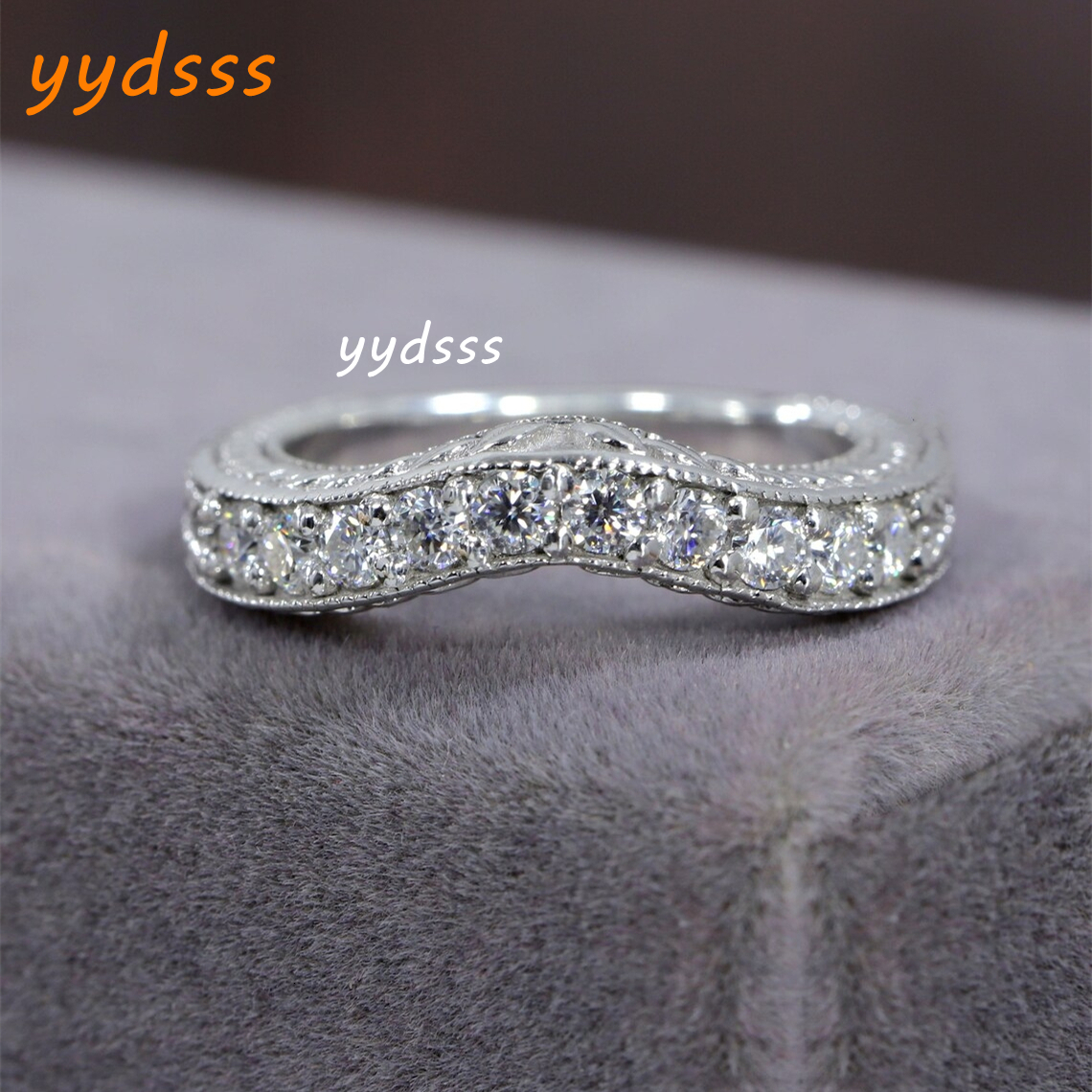 Jewelry 18 White Real Gold Milgrain Half Band Eternity Ring Solid Gold 0.5CT Lab Diamond Womens Trendy Curved Ring Gife